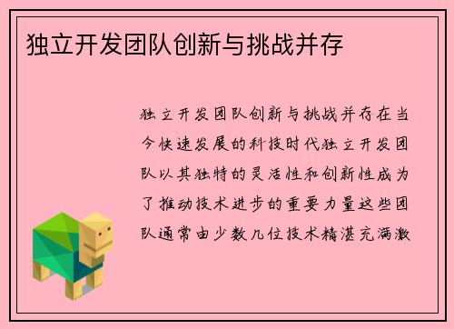 独立开发团队创新与挑战并存